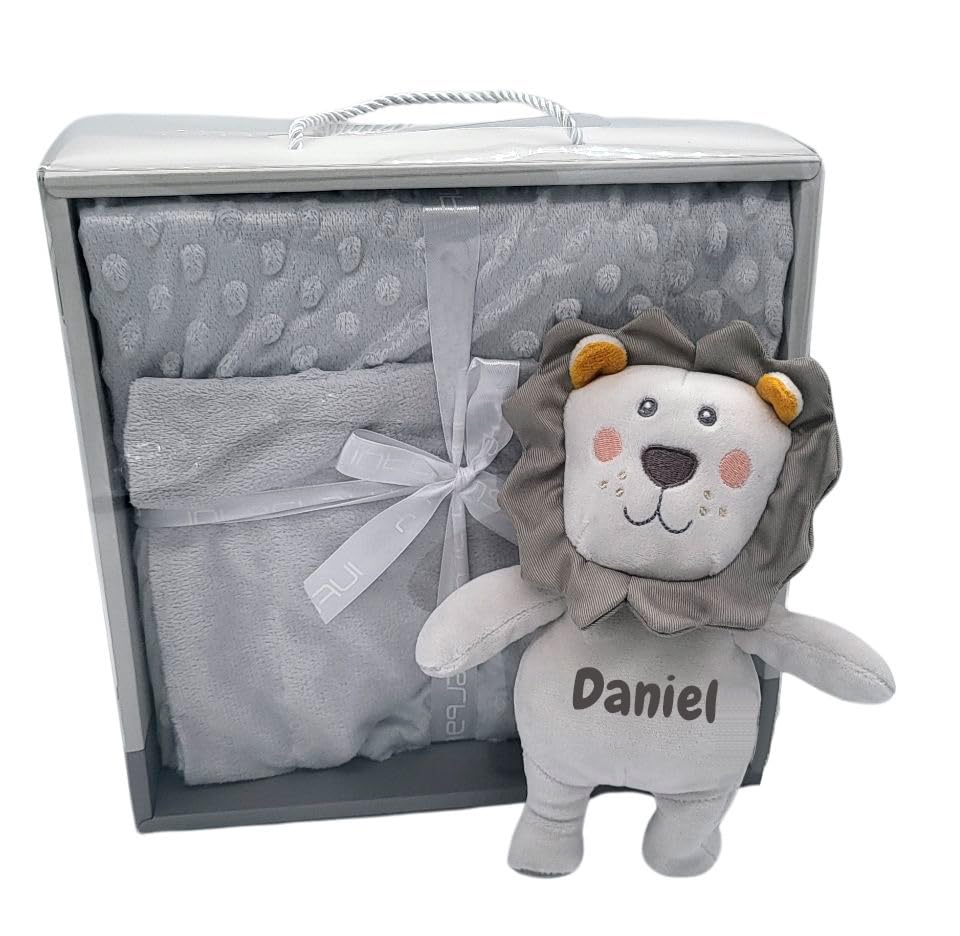 Set Regalo Bebe Recien Nacido | Peluche Bebe Personalizado con Mantita Bebe Recien Nacido | Canastilla Bebe Recien Nacido | Manta Bebe Extra Suave con Peluche Sonajero blandito con su Nombre