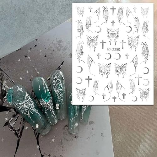 Eseres Butterfly Nail Stickers 3D Self-Adhesive Nail Decals Laser Silver Black Metallic Butterfly Nail Decals For Nails Diy Women Nail Accessories Decor 6Sheets #TOP5