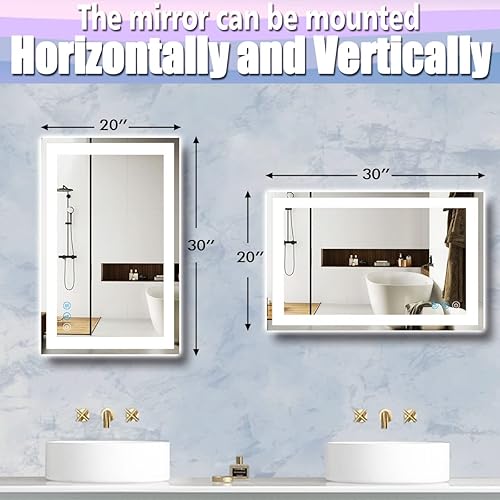 Miniatura 8 de Espejo de baño cuadrado LED con luces de 30 x 20 pulgadas, espejo de tocador iluminado para pared de baño, espejo LED antiniebla, regulable, 3