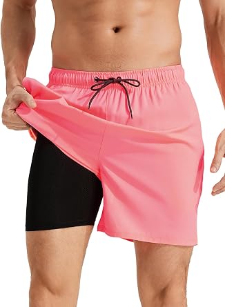 Mens Swim Trunks with Compression Liner Quick Dry Beach Shorts with Zipper Pockets