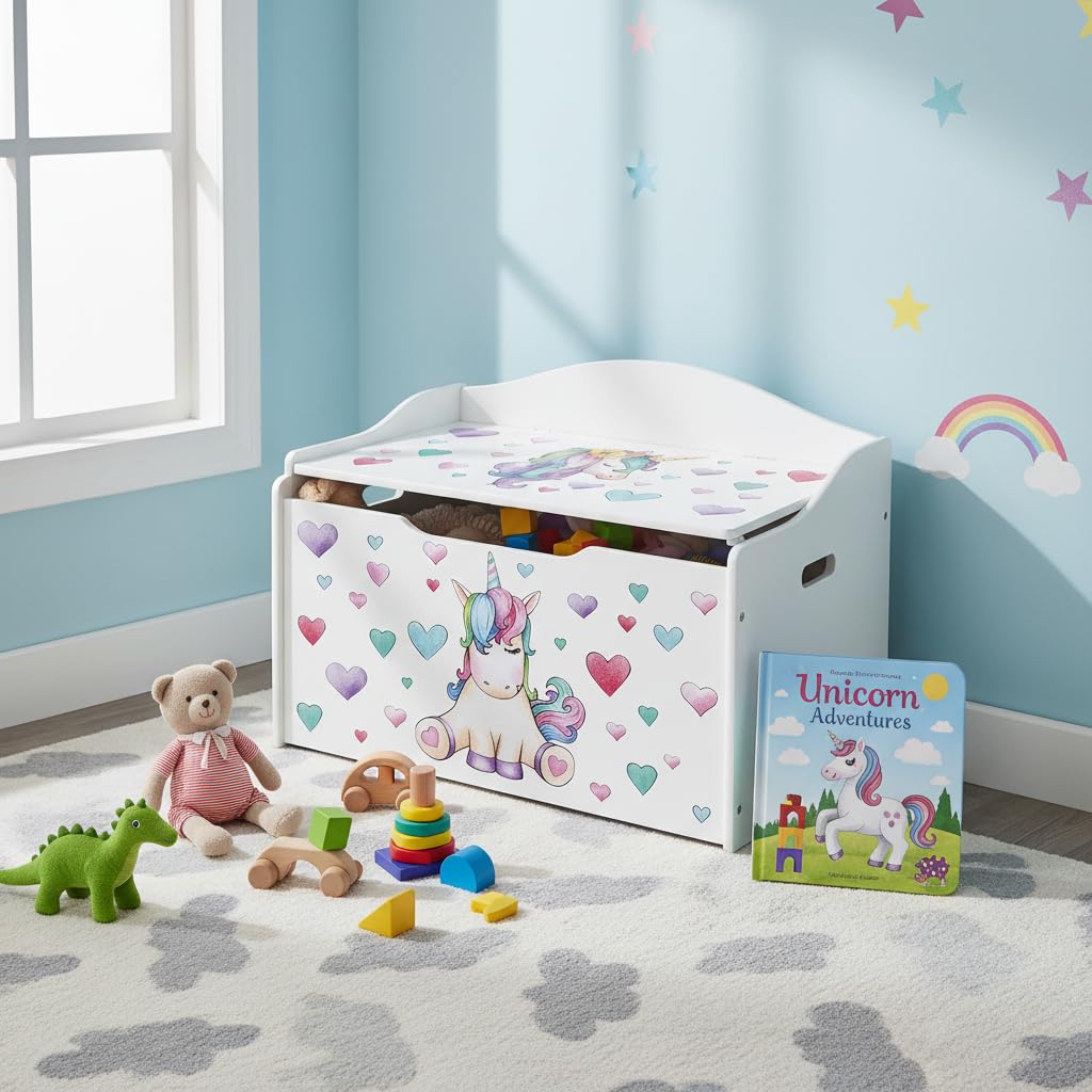 Leomark Kinderbank Hölzerne - Unicorn - Kindertruhenbank, Behälter für Spielzeug, Truhe für Kinderzimmer, Höhe: 46 cm