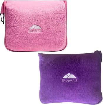 BlueHills Travel Blanket Pillows for Two Airplane Traveling Essentials Flight Throws in Bag case with Backpack Clip Compact Large Plane Accessories Pink and Purple