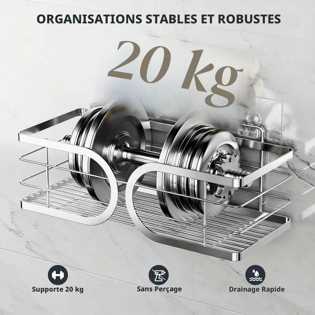 Etagère Douche Sans Percage 3 Pièces avec Porte-Savon Murale de Rangement pour Bouteilles de Shampoing Gel 304 Acier Inoxydable Grande Capacité Support Douche pour Salle de Bain(Argent)