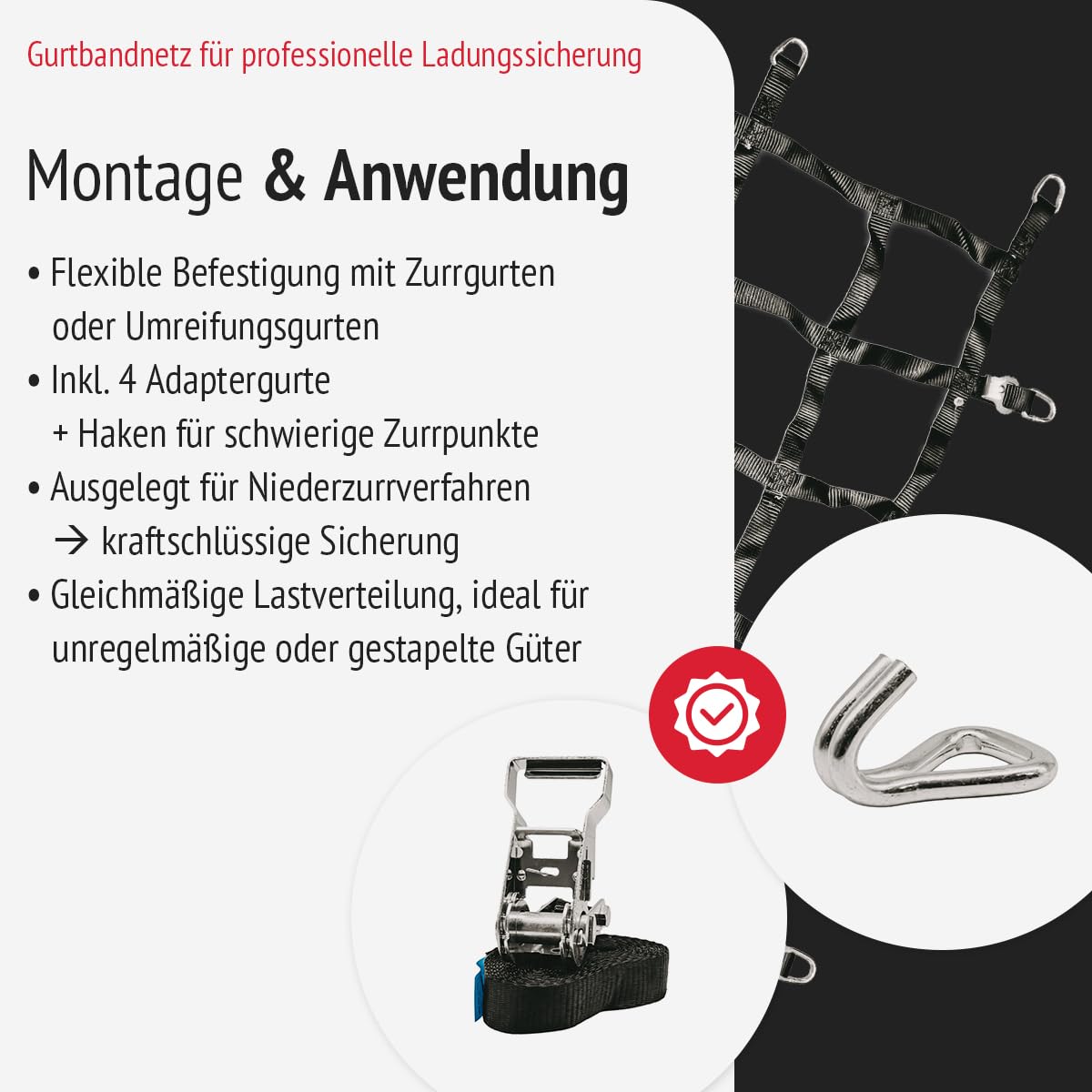 Gurtbandnetz 1775 x 1250 mm für Minivan, Anhänger und Kleintransporter | Ladungsnetz aus PES-Gurtband, schwarz, mit D-Ringen und Adaptergurten | LC: 600 daN