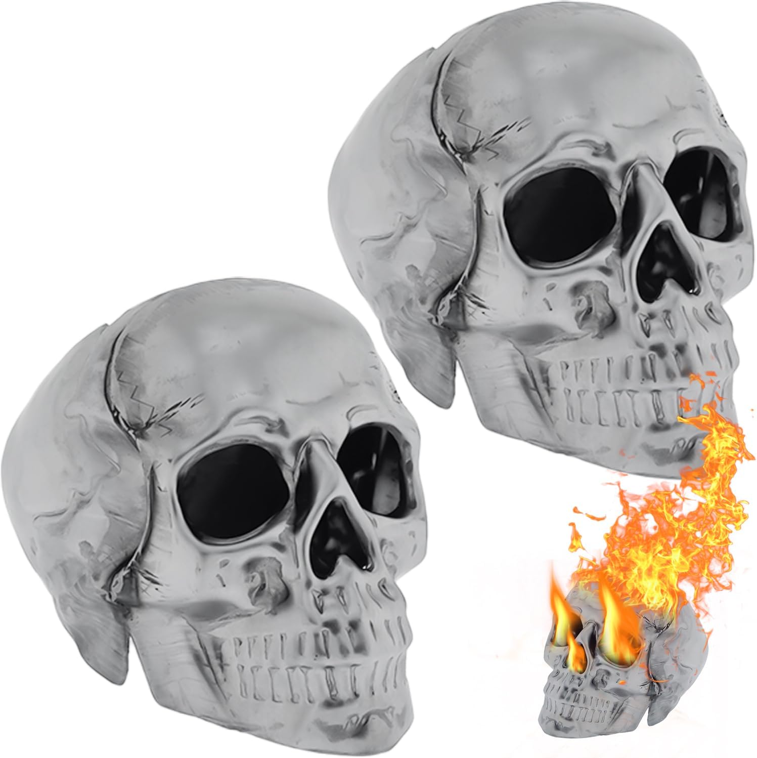 Imitated Human Skull Gas Log for Indoor or Outdoor Fireplaces, Made of Metal, Durable for More Than 10 Years，Fire Pits Halloween Decor Skull Charcoal (Fireproof)(Refractory) (2)