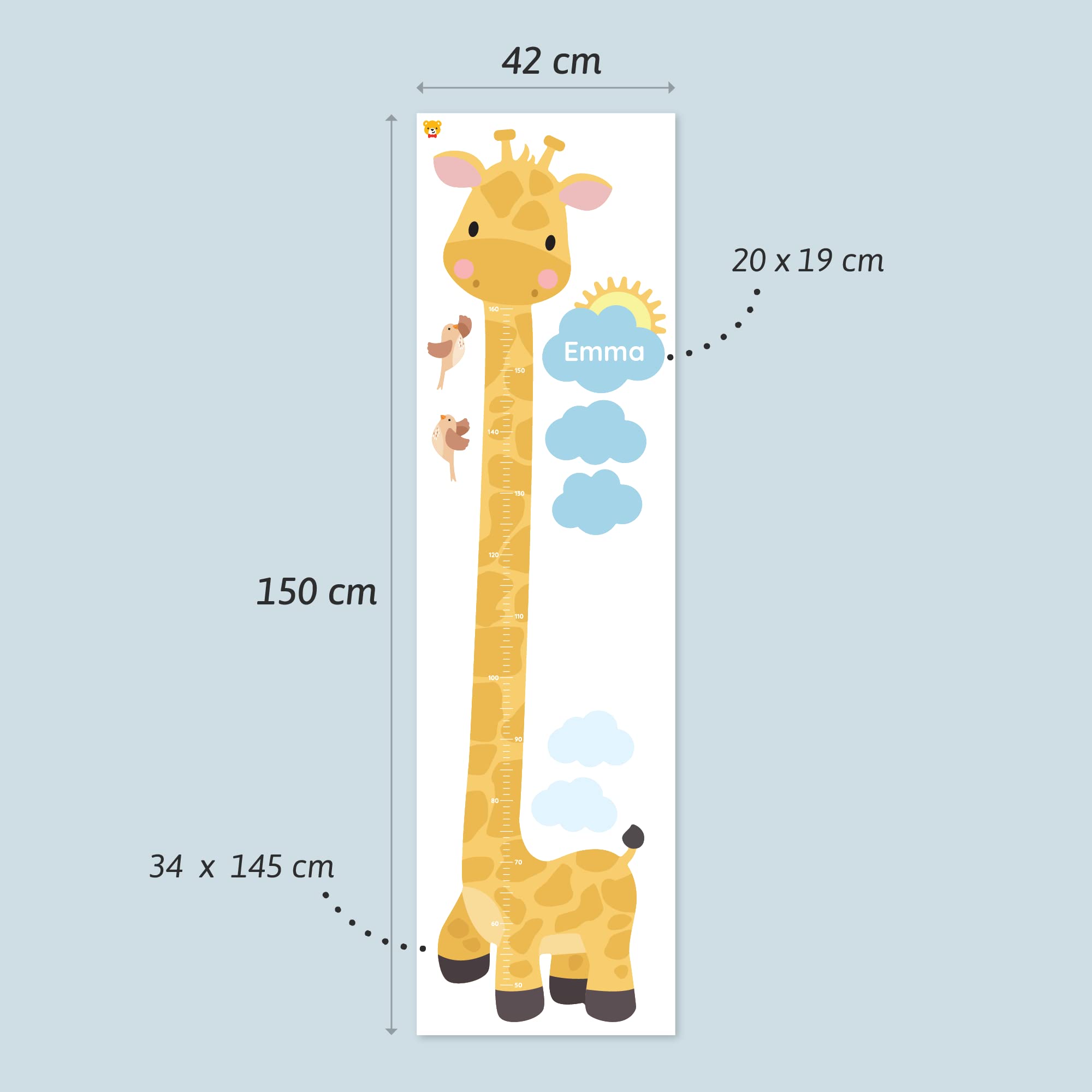 Klebekerlchen® | Personalisierte Messlatte als Wandtattoo fürs Kinderzimmer | Zum Messen der Körpergröße bis zu 160 cm | Inklusive individueller Personalisierung - Giraffe