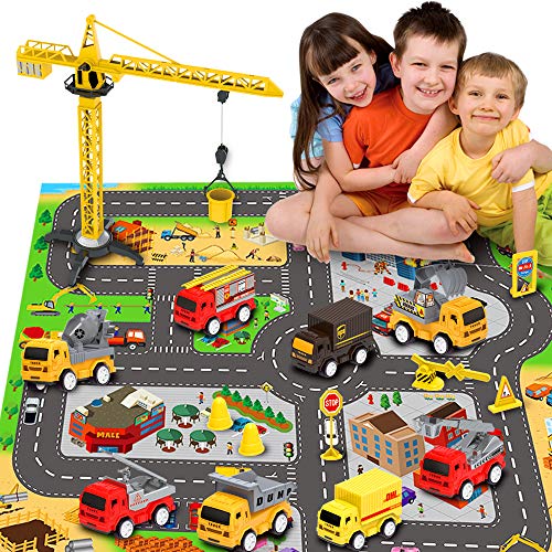 Engineering Construction Vehicles Toys with Play Mat, Toy Trucks, Mini Pull Back Cars