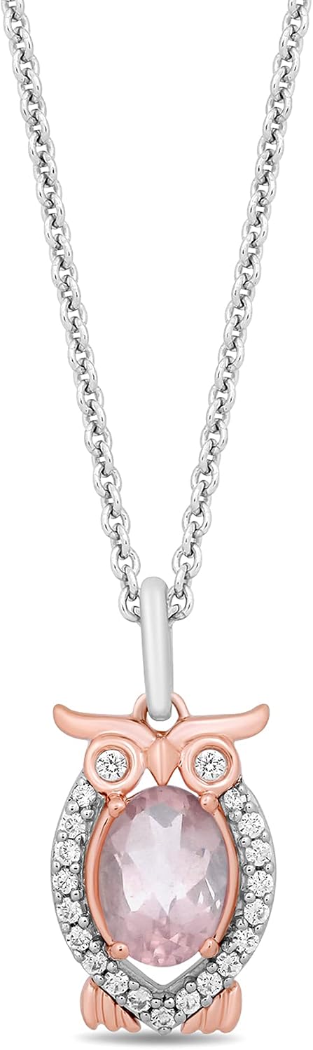 Jewelili Enchanted Disney Fine Jewelry Sterling Silver and 10K Rose Gold 7x5MM Faceted Oval Pink Quartz and 1/10 Cttw Natural White Round Diamond Aurora Owl Pendant Necklace, 18" Cable Chain