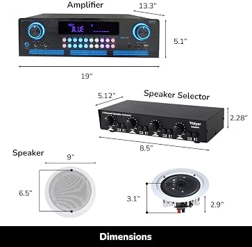 Home Theater System Kit - 2000 W Bluetooth Amplifier w/ 8 Qty of 6.5 Framed Ceiling Speakers 200 W Each, 4-Ch Speaker Selector w/Volume Control, 500 ft Speaker Wire & Remote for Home, Office- Vaiyer