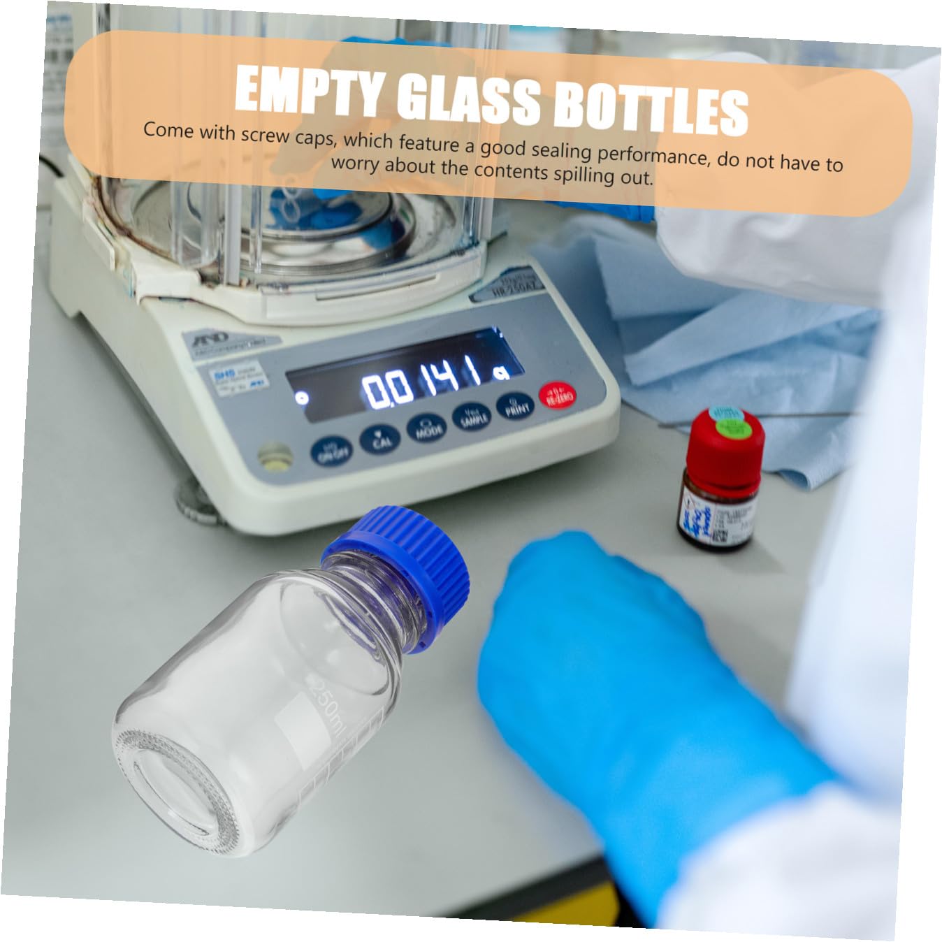 Cabilock Reagente Resistenti Agli Urti e Leggere in Vetro Trasparente da 250ml Set da 4 Bottiglie con Tappo a Vite Blu per Laboratori e Applicazioni Didattiche