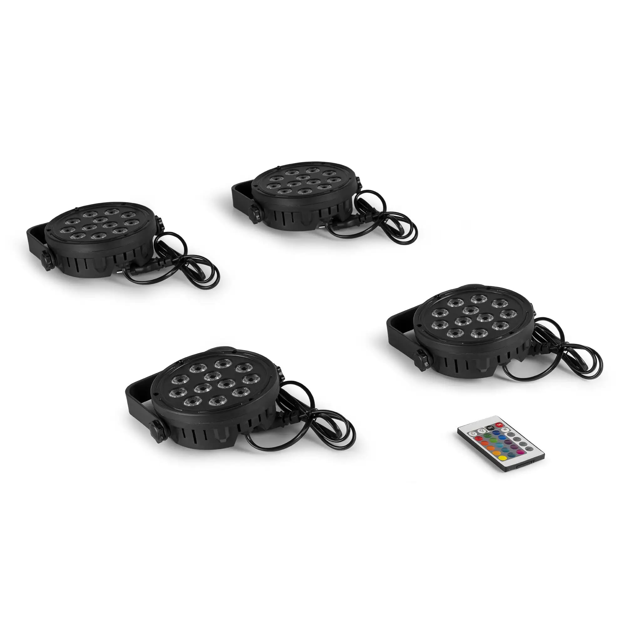 Fuzzix Comet M12 - Set 4 focos LED RGB Party Par con mando a distancia, programas automáticos, carcasa resistente, montaje fácil, ideal fiestas, eventos, bares, habitaciones y fiestas en el jardín