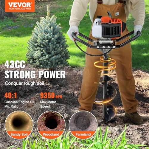 VEVOR Post Hole Digger, 43cc 1250W Auger Post Hole Digger, Gas Powered Earth Digger with 8" Earth Auger Drill Bit, 30 inch Long Alloy Steel Auger, for Farmland, Garden and Plant, EPA Certification