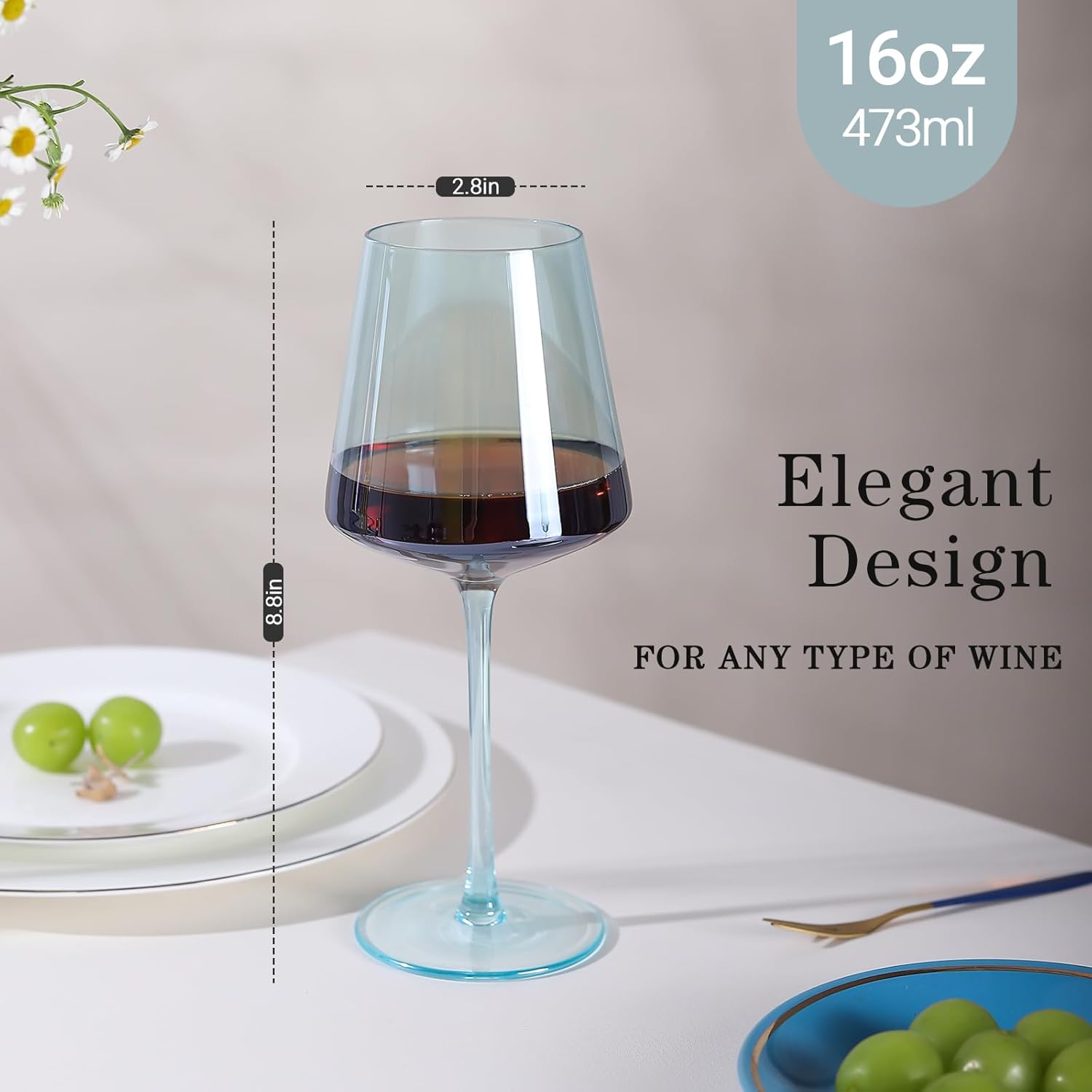 Light Blue Wine Glasses Set 6-16oz Modern Blue Wine Glasses With Tall Long Stem and Flat Bottom,Unique Blue Wine Stemware for Birthday Wedding Bridal Shower - Image 2