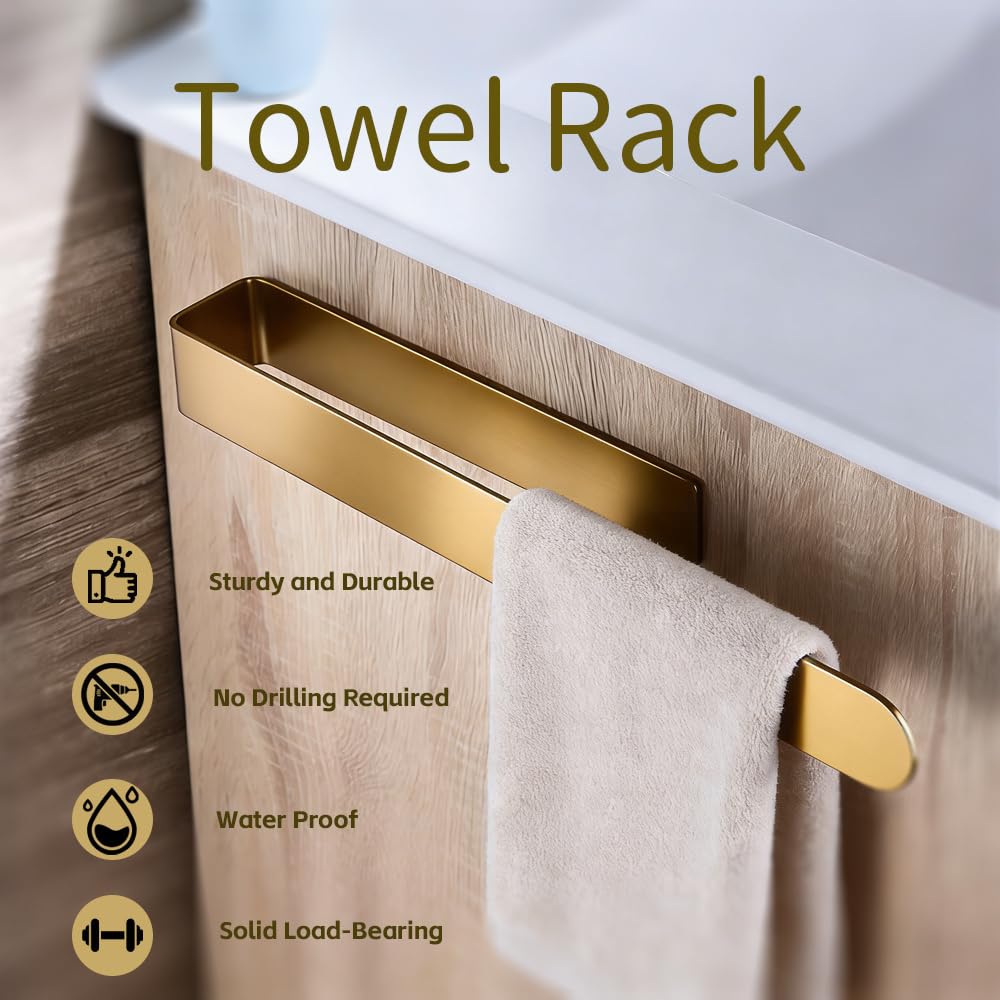 Toalleros de Baño Sin Taladro 35cm Colgador Toalla Baño Toallero de Pared para Baño Cuelga Toallas Baño Adhesivo Acero Inoxidable 304 Diseño Moderno Cinta 3M Oro Mate