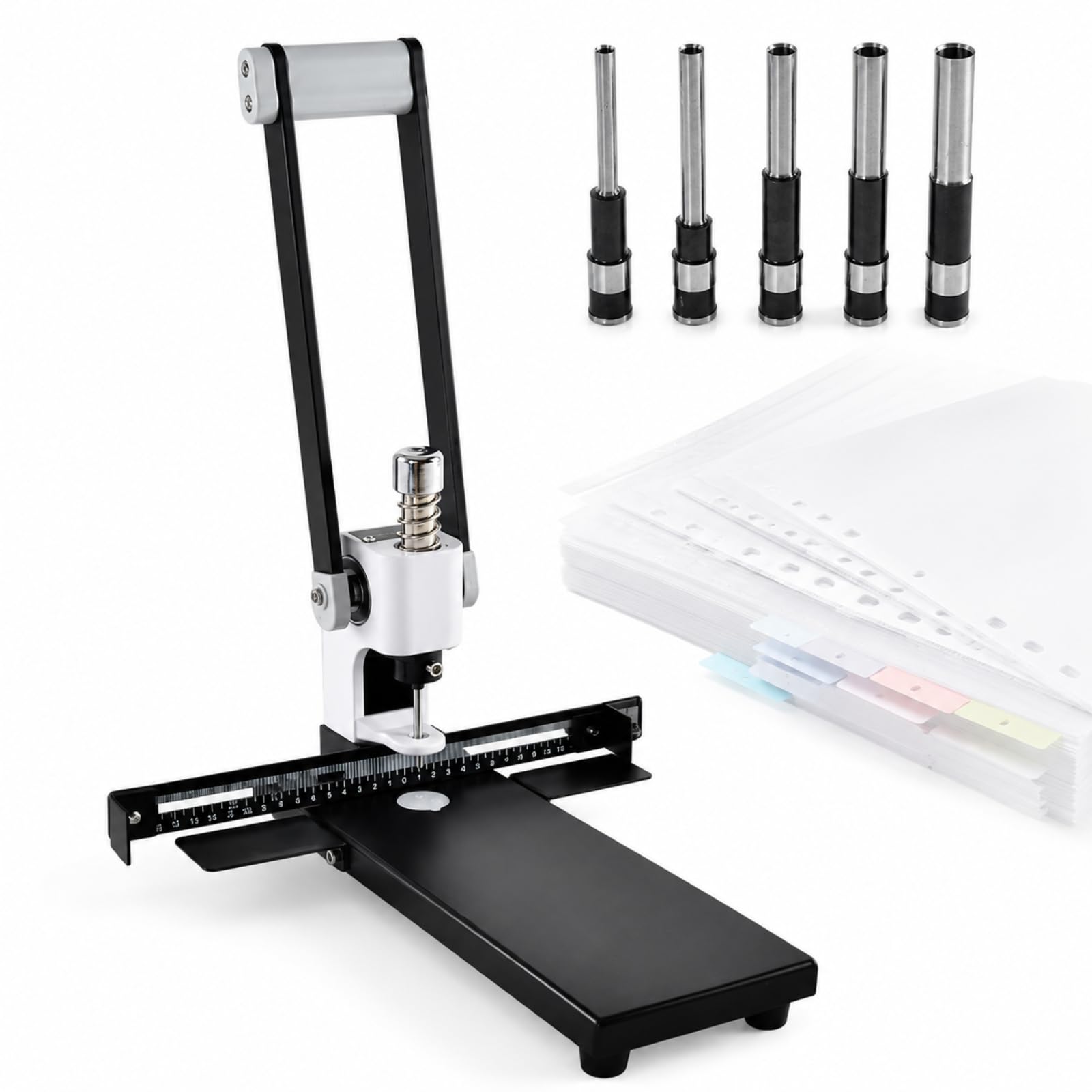 Perforatrice Manuale A Foro Singolo per Impieghi Gravosi, con 5 Tipi di Matrici da Mm, Righello Regolabile per Carta, PVC, Etichette per Documenti, Casa E Ufficio.