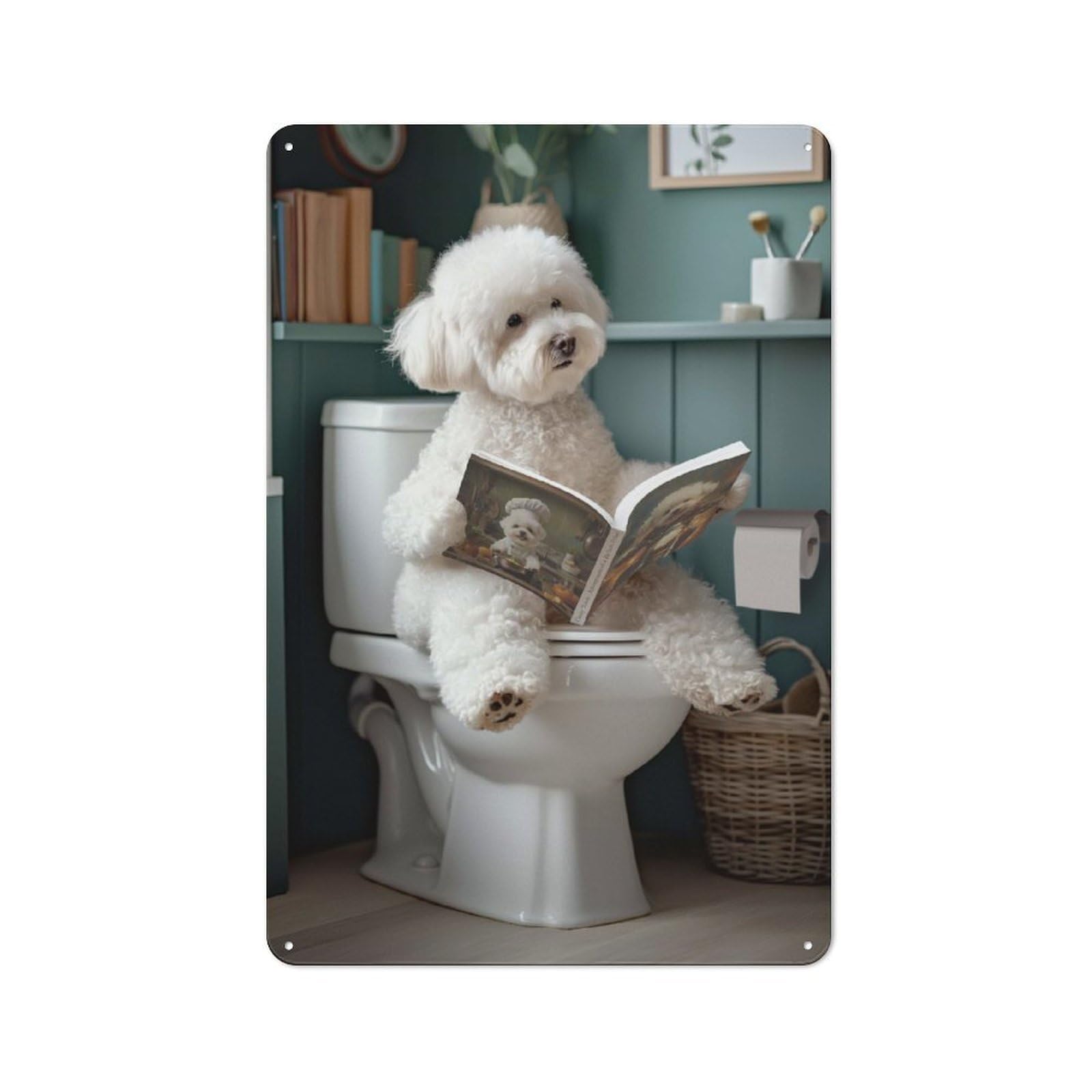 Junmoney Bichon Frise On The Toilet 30X20cm Rustic Metal Sign With For Hobby Room Or Studio, Metal Sign Decor For Hobby Rooms And Studios