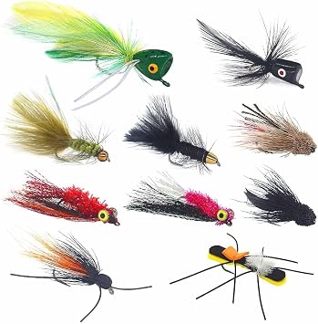 Fly Fishing Flies Assortment for Bass & Trout-10-Piece Bass Fly Fishing Lures Kit with Hand-Tied Flies