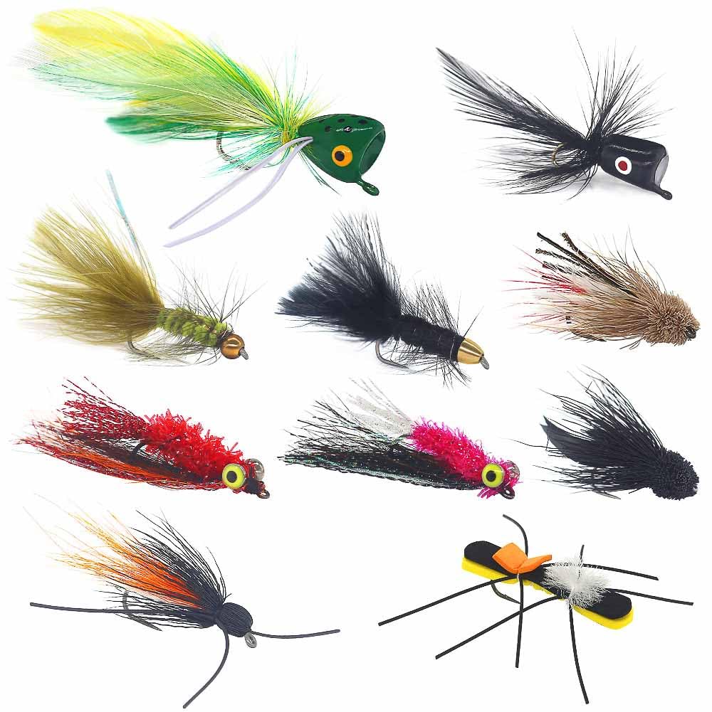 Fly Fishing Flies Assortment for Bass & Trout-10-Piece Bass Fly Fishing Lures Kit with Hand-Tied Flies