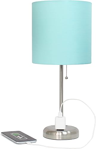 Miniatura 4 de Simple Designs LT2024-AQU Lámpara de escritorio de acero cepillado con toma de carga y pantalla de tela de tambor, pantalla aguamarina (paquete de 2)