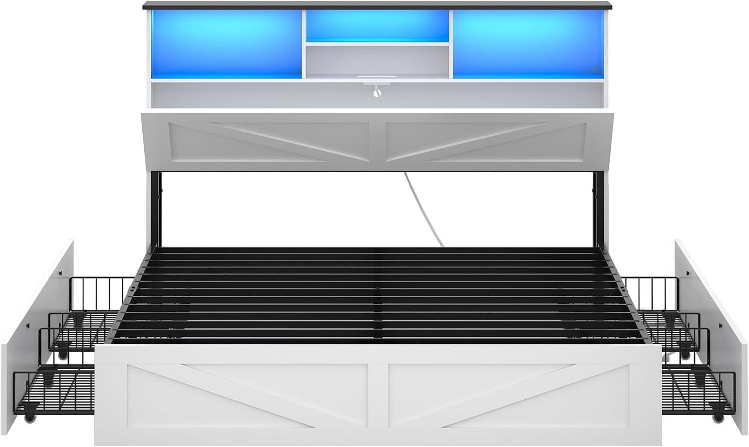 AOGLLATI Farmhouse Bed Frame Full Size with 4 Storage Drawers and Charging Station, Wooden Full Size Bed Frame with Hidden Space Bookcase Headboard and Led Lights & Metal Slats, White