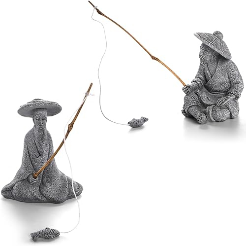 Nicunom Paquete de 2 figuras de pesca sentado, pequeñas estatuas de pescador de piedra arenisca, adornos vintage, decoración zen asiática para