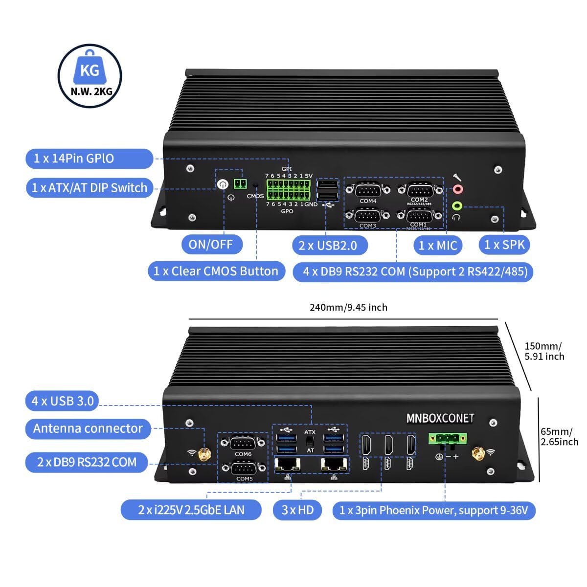 Mini PC IBC7 Industrial Lüfterlos Computer Core i7 9750H, Rugged Embedded Micro PC 8GB RAM 128GB NVME SSD, 6 x DB9 COM WiFi/BT4, Support PVE Linux Opnsense, 3HD