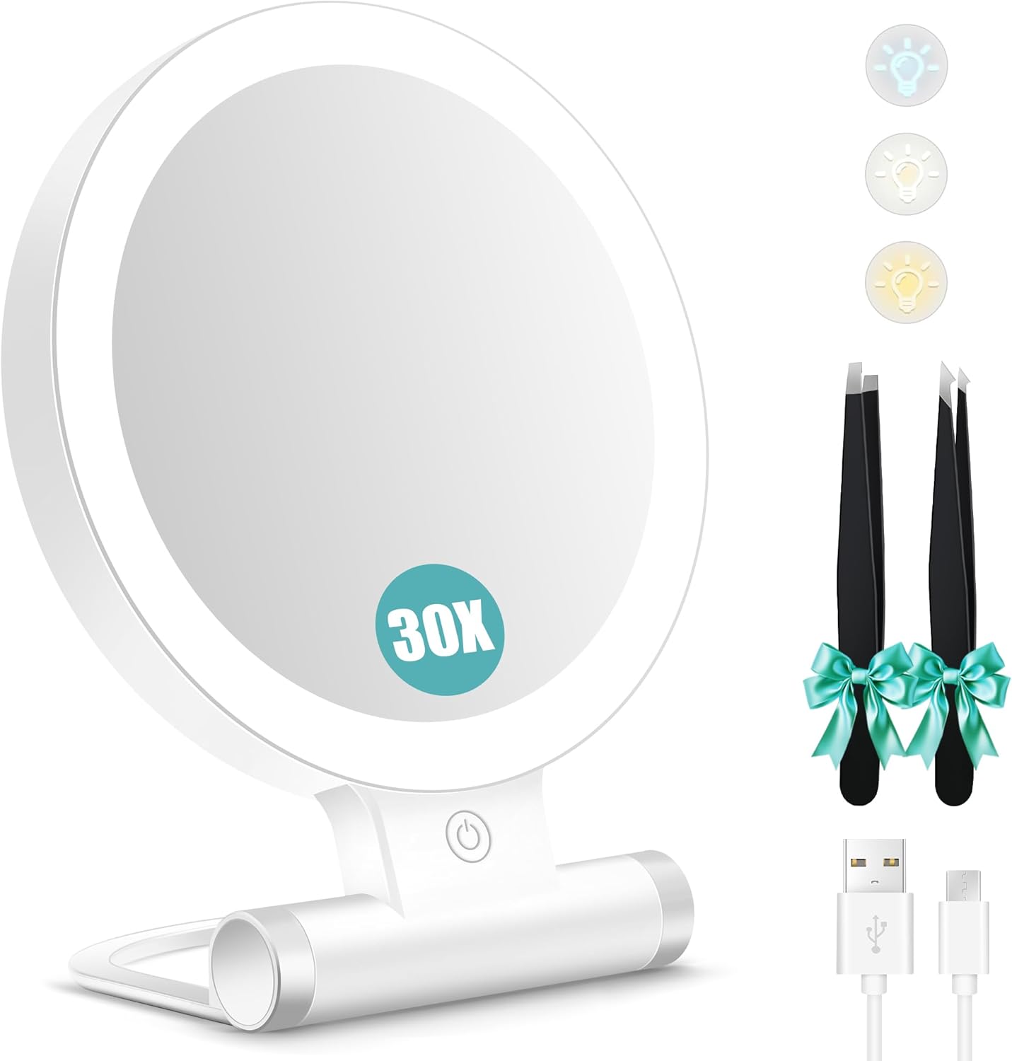 B Beauty Planet Magnifying Mirror with Light 30X, Double-Sided 1X/ 30X Magnifying Makeup Mirror with Tweezer, 2000mAh 3 Colour Modes with Adjustable Brightness,Foldable Travel Mirror(9″ L x 7″ W)