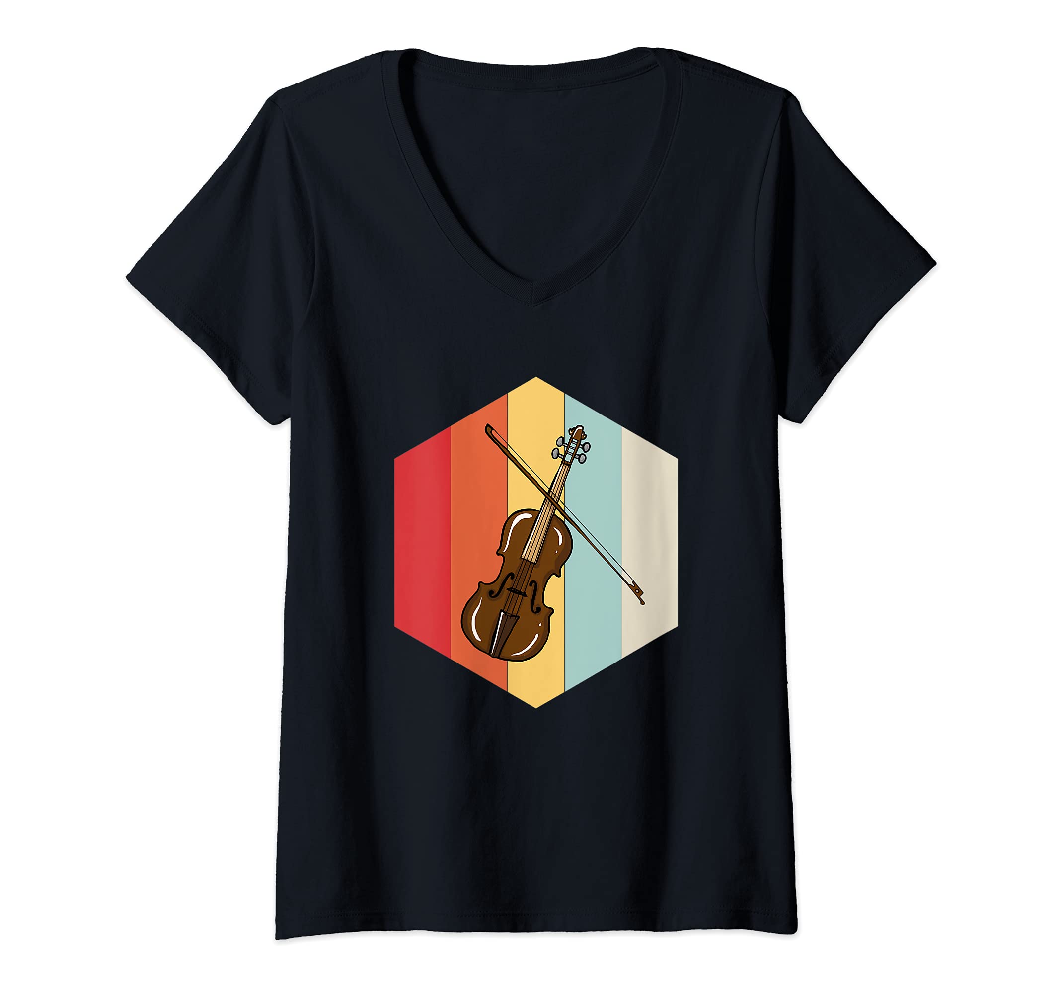 Womens Retro Violin Lover Illustration for Violin Player V-Neck T-Shirt, Black