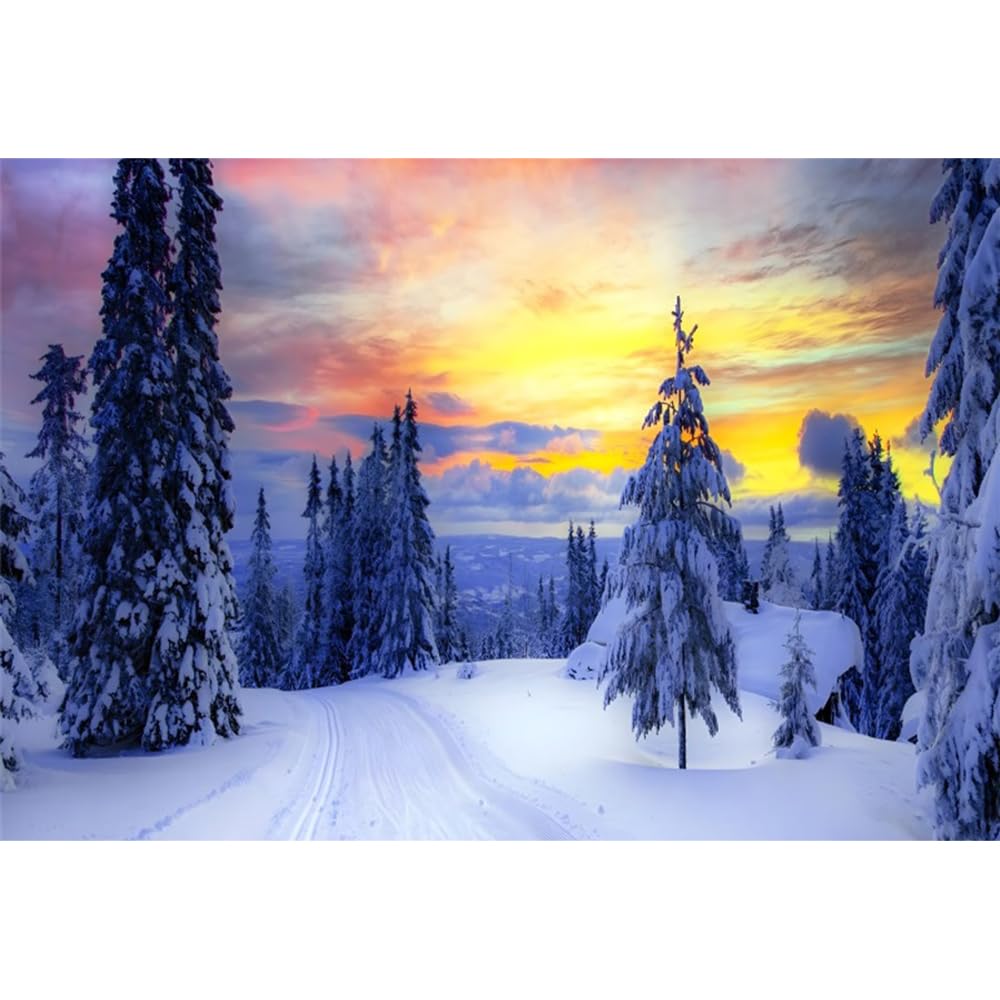 5x3ft Snowy Mountain Path Photo Backdrop Winter Cedar Forest Sunrise Photography Background Christmas New Year Holiday Party Decoration Supplies Adult Kids Portrait Photo Booth Props