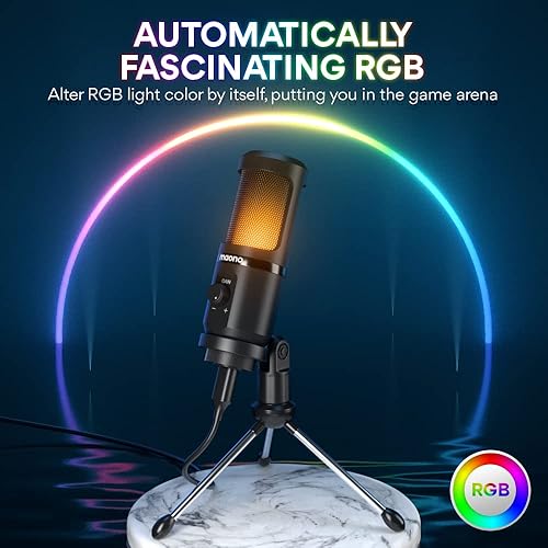 Vista 3 de MAONO Micrófono USB para juegos para PC, micrófono de condensador de computadora con perilla de ganancia, luz RGB, soporte de trípode