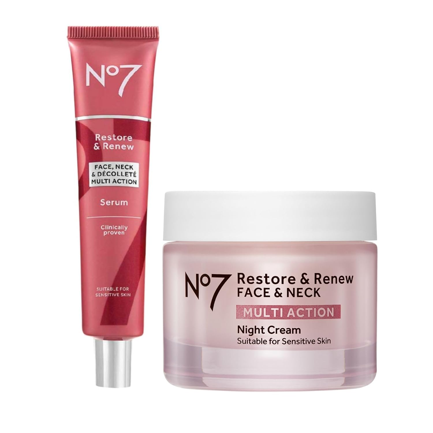 No7 Restore & Renew Night Repair Duo - Restore & Renew Multi-Action Face & Neck Serum Plus Night Cream Bundle - Deep Wrinkle Repair & Overnight Hydration