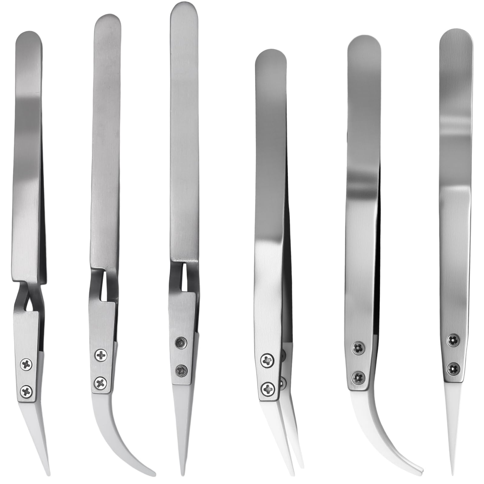 Set di 6 pinzette di precisione inversa in ceramica, non conduttive, pinzette antimagnetiche con punte curve, resistenti al calore, per saldare/pizzicare bobine (argento)