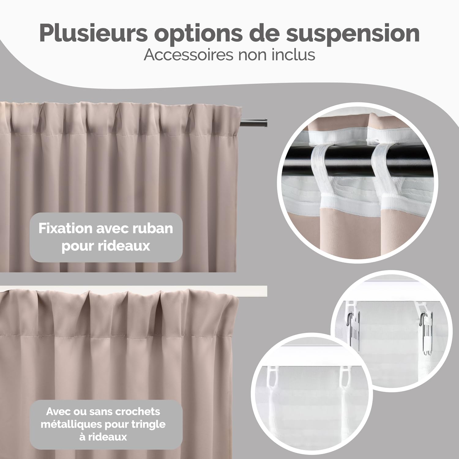 Blumtal Lot de 2 Rideaux Occultants à Galon Fronceur - Certifié Oeko-TEX - Rideau de Fenêtre Lavable pour Chambre et Salon - Taupe - 225x140 cm