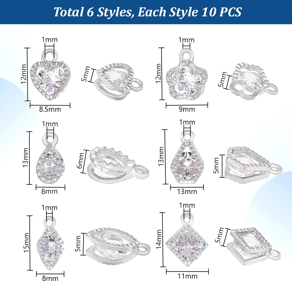 Juego de 60 dijes de aleación de circonio de plata, corazón, flor, ojo de caballo, lágrima, cuadrado, dijes de cristal para aretes, pulseras, collares, joyería 2