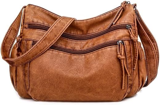 Wowobjects® Washed Leather Women's Retro Shoulder Bag - All-Match Large Diagonal Bag - Soft Leather - Light Brown