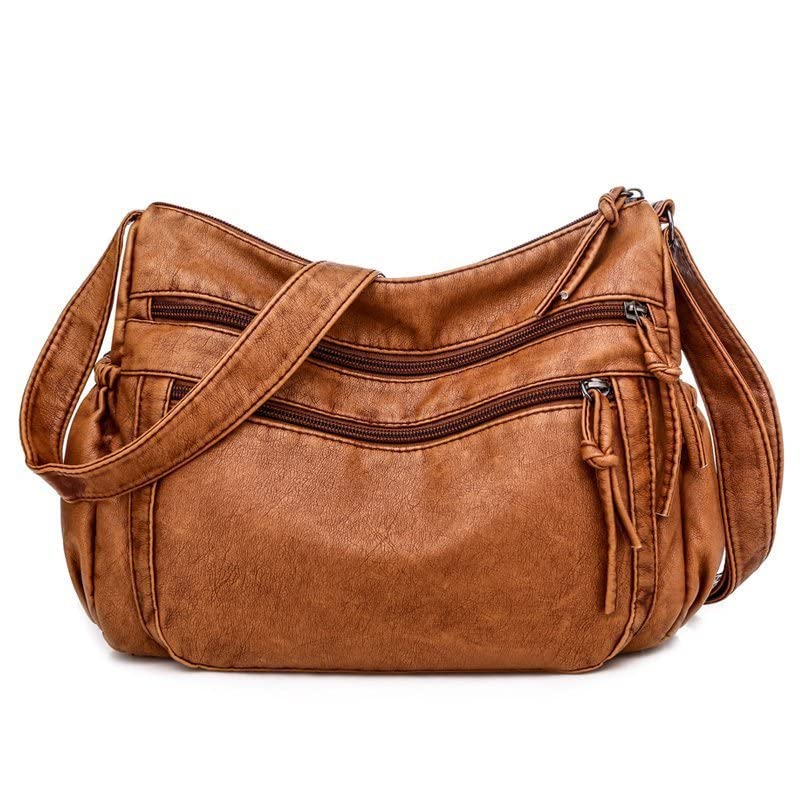 Wowobjects® Washed Leather Women's Retro Shoulder Bag - All-Match Large Diagonal Bag - Soft Leather - Light Brown