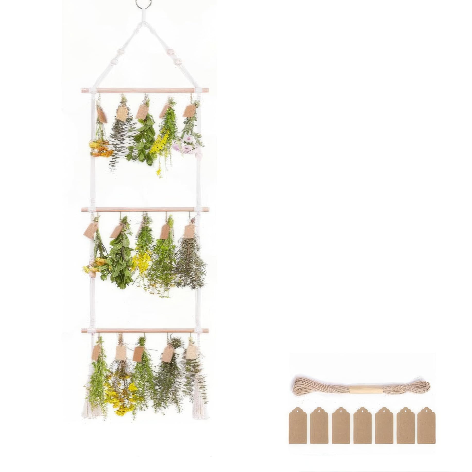 LGEGE 3Tier Herb Drying Rack for Flower Drying Hanging Herb Dryer Rack with 25Pcs Brown Gift Tags and 10m Natural Jute Twine(Herb not included)