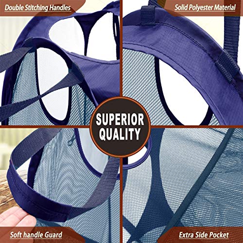 Image of HOUSE AGAIN 2Pack Strong Mesh Pop Up Laundry Hamper, 70L Collapsible Laundry Basket with Steel Frame, Double‑Stitched Handles & Side Pocket, Foldable Dirty Clothes Hamper for Dorm, Bedroom, Blue