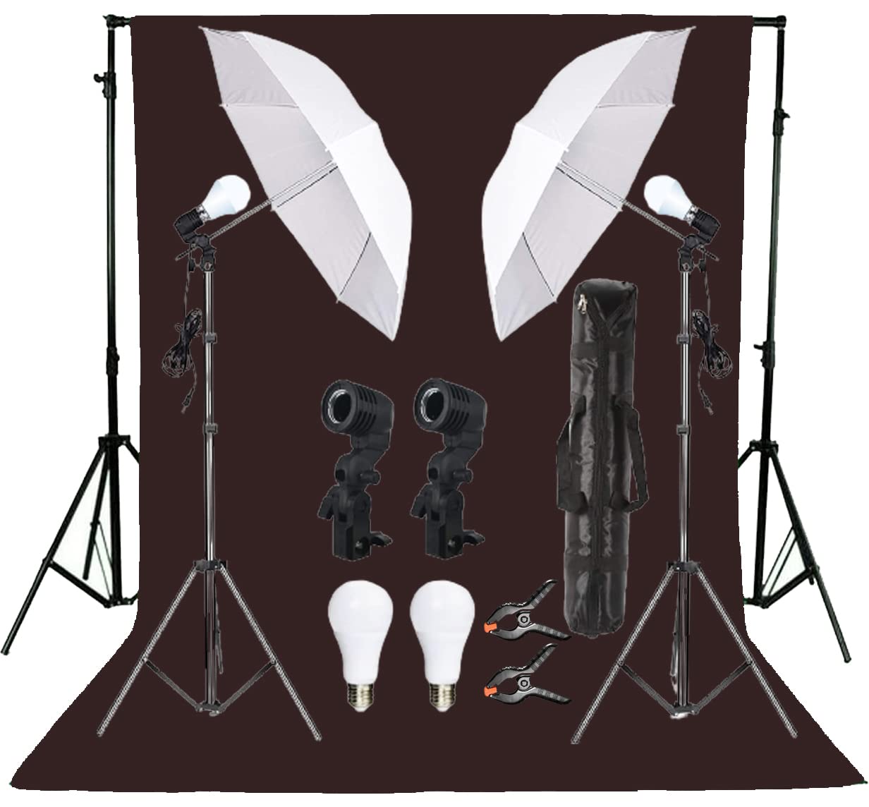 Giftmax Single Holder Umbrella Lighting Kit with Umbrella Studio Light with Backdrop Cloth Screen Photo Background Backdrop Stand Support System (Single Holder Kit + Dark Brown Screen)