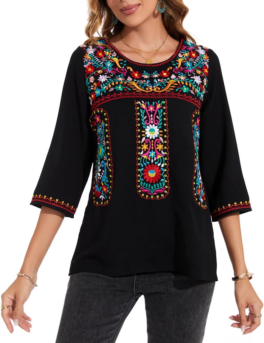 MINTLIMIT Crewneck Mexican Shirts for Women 3/4 Sleeve Floral Embroidered Tops Ethnic Style Loose Peasant Tee Shirt (Round Neck #B, Size 2XL) - Image 6