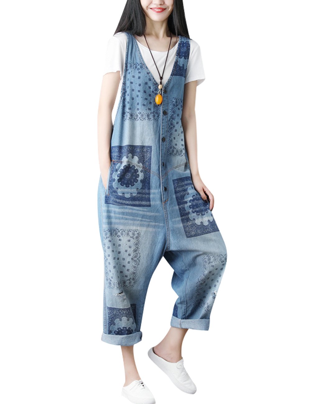 Mono de pierna ancha para mujer en denim de algodón cómodo 8
