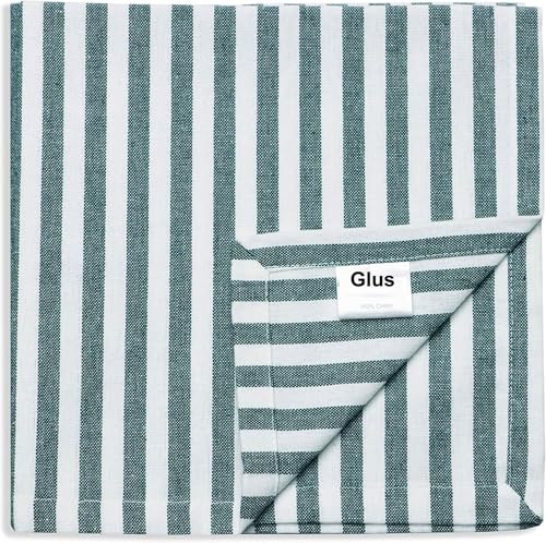 Image of Cotton Mercerised Dining Table Napkins, Set of 4, Solid Plain Colour, Heavy Weight,MoreThan 2 cm Mitered Hem,Washable at 40C (Green Stripe, 45 X 45 Cms)