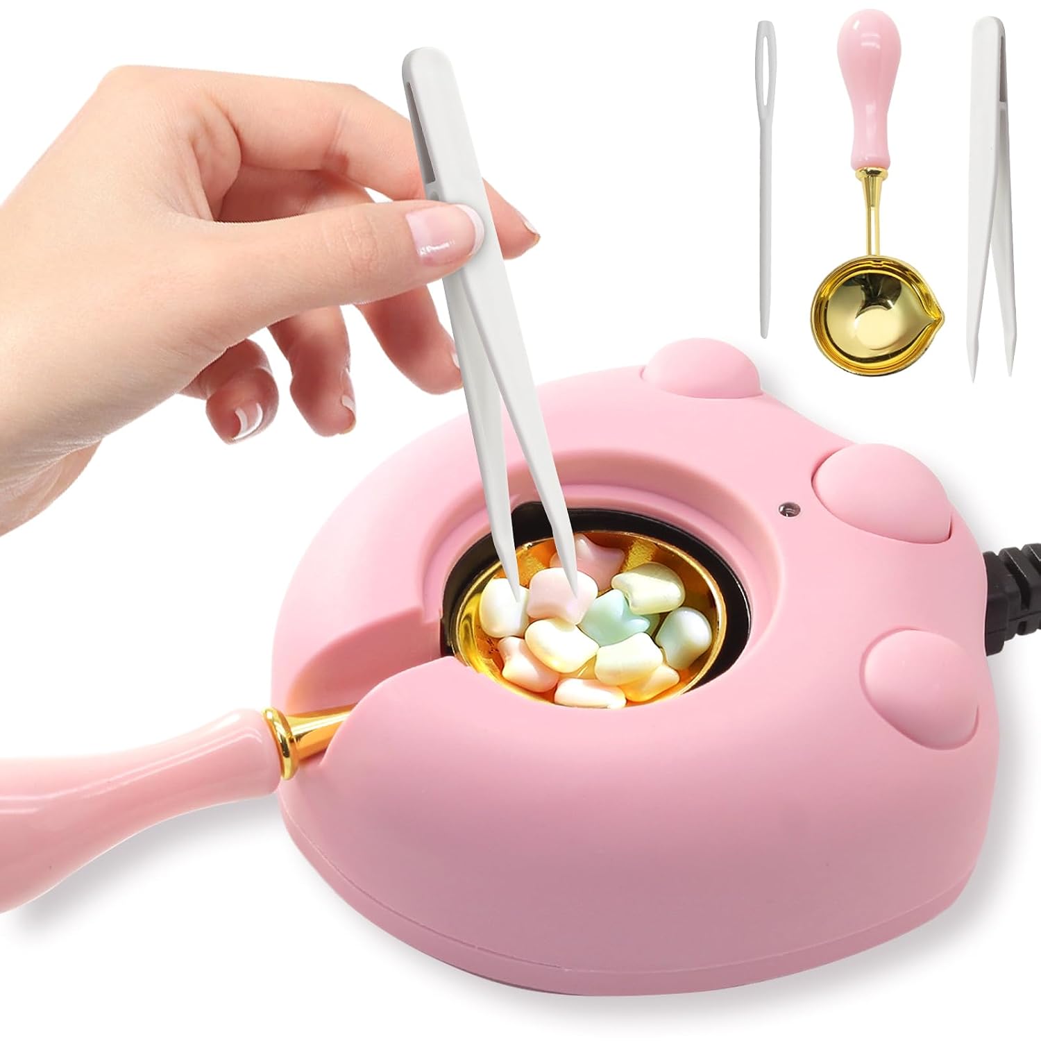 Electric Wax Warmer, Seal Melter Pink Electric Wax Seal Kit with Spoon, Tweezer and Stir Stick for Melting Beads and DIY