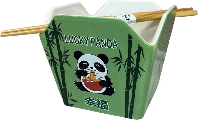 Urban Tokyo Cuenco de Porcelana estilo caja para comida china con palillos 18 fl oz forma cuadrada tazón para arroz, fideos o pasta seguro para microondas y lavavajillas (Hungry Panda) miniatura 3