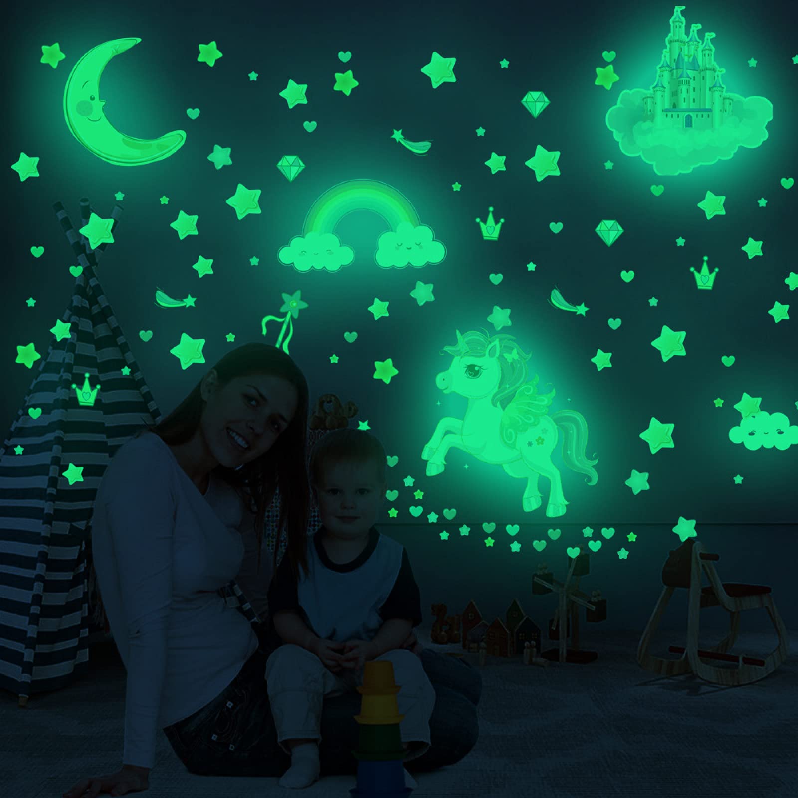 Vinilos de Pared Decorativos Unicornio Moon Rainbow Pegatinas pared Decorativas Stickers Estrellas Fluorescentes para Techo Vinilo Pared DIY Dormitorio Sala de estar Niños niñas Infantil
