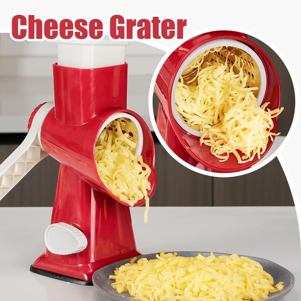 KEOUKE Rallador giratorio de queso con manivela roja – Trituradora de 3 cuchillas de acero inoxidable, succión estable, mango que ahorra trabajo, herramienta de cocina segura para queso, verduras