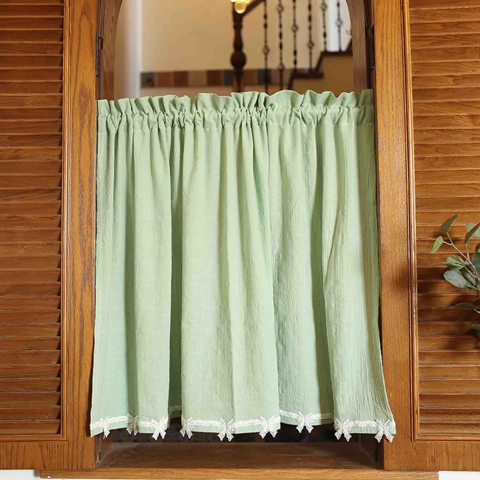 Cortinas de menta verde en algodón de estilo pastoral corto para ventanas W130