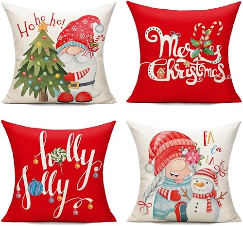 All Smiles Juego de 4 fundas de almohada navideñas de 18 x 18 pulgadas, decoración de Navidad para interiores y exteriores, decoración de