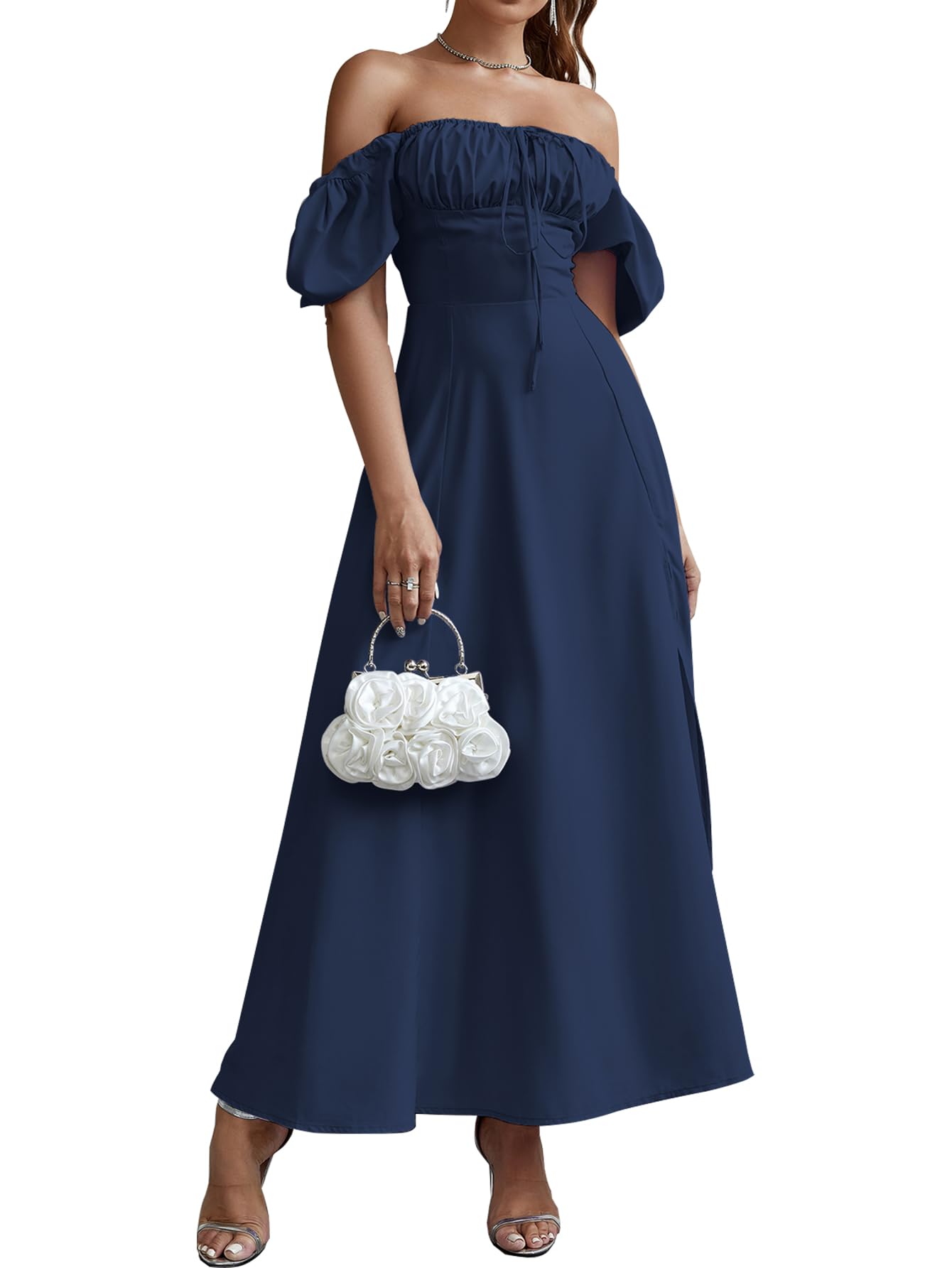 KUTUMAI Women Summer Puff Sleeve Off Shoulder Floral Flowy Long Maxi Dress