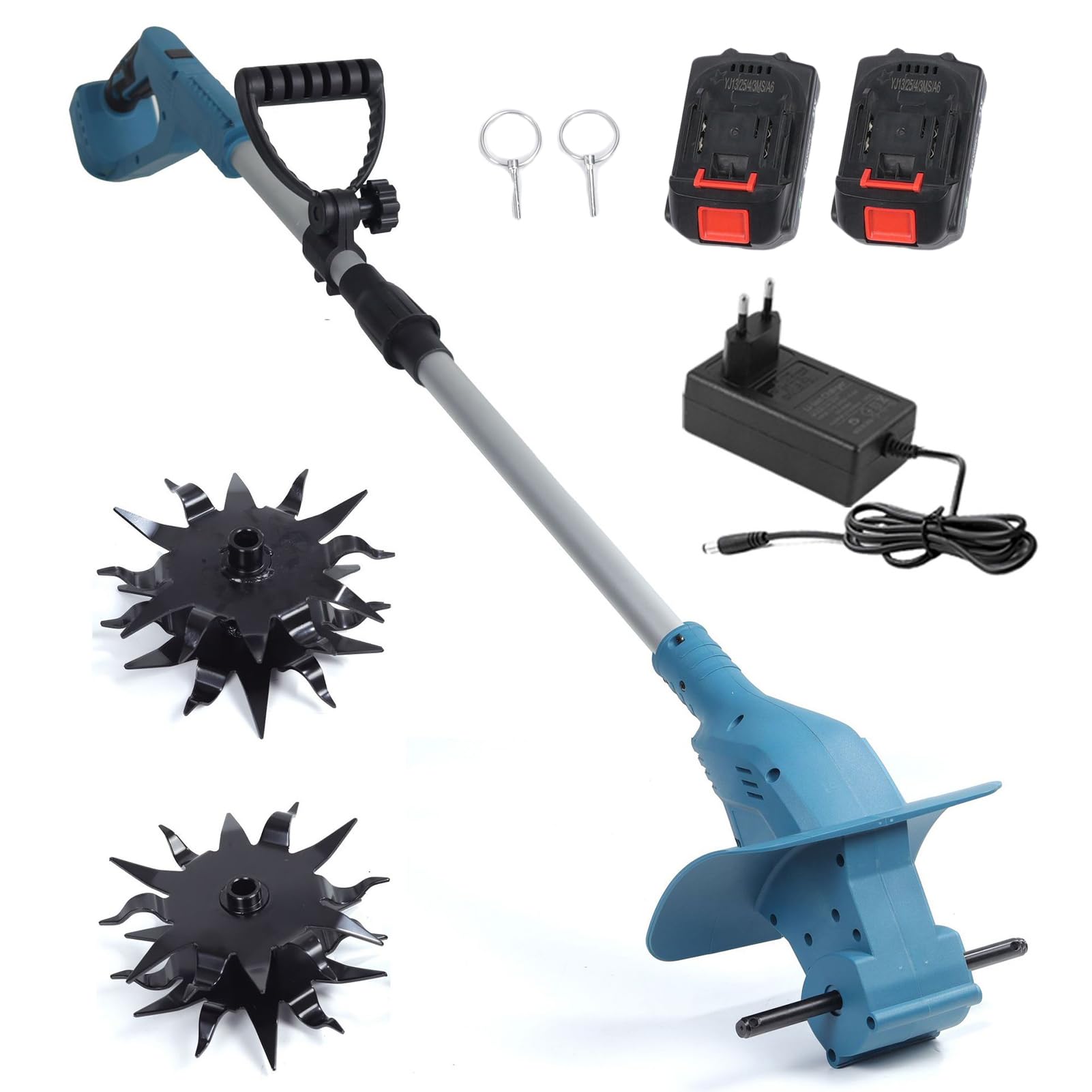 Generic Elektrischer 21-V-Bodengrubber mit Langlebigen Stahlzinken für Effiziente Gartenarbeit, Kabellose Elektrische Bodenfräse für Kleine Gärten und Blumenbeete (2 Stück Batterien – elektrische